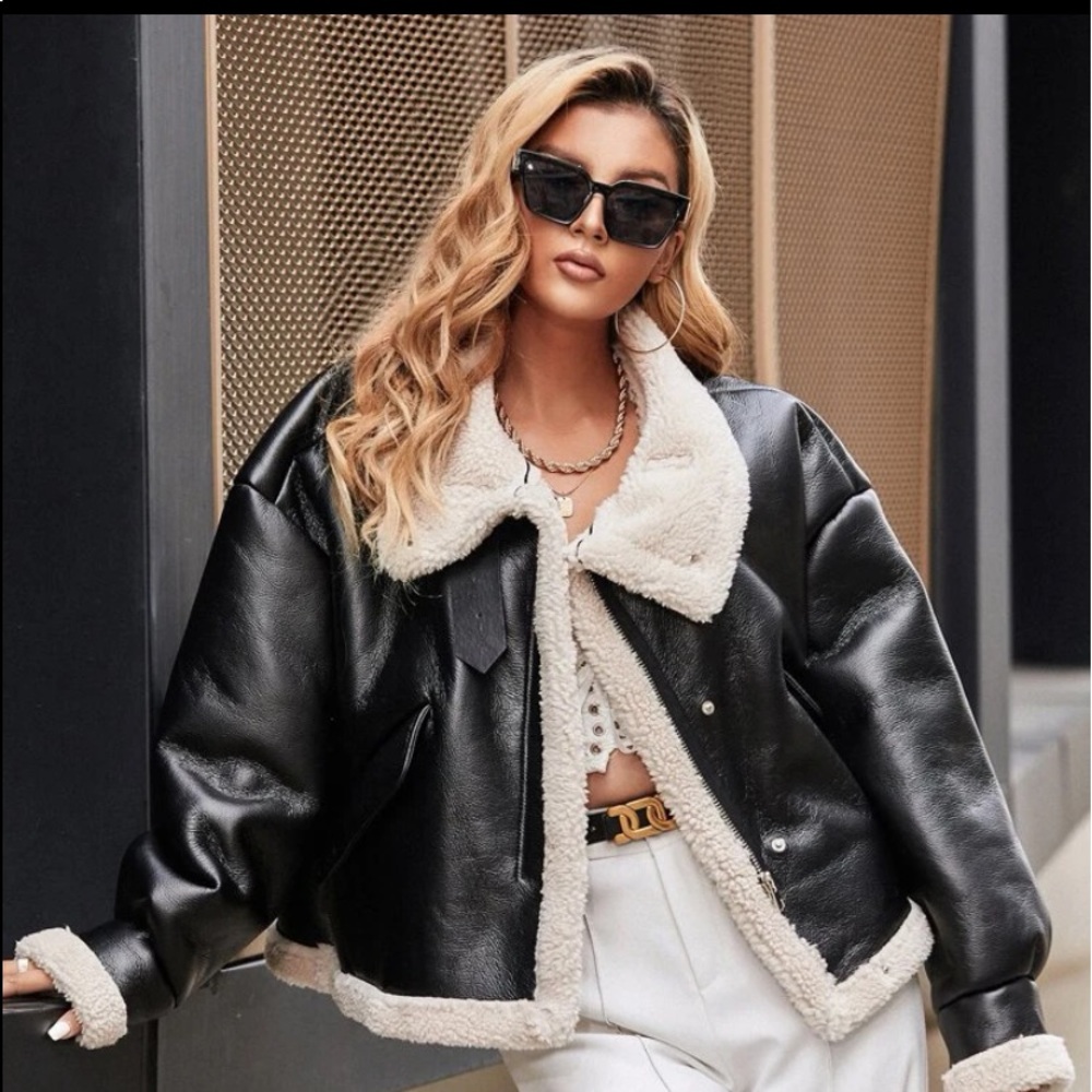 oversize faux leather w fur jacket